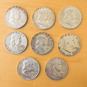 US Mint Franklin Half Dollar Mixed Lot 8pc Silver 1952-1963 Coins 90% Silver